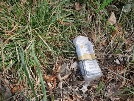 Lenzburg, Aargau / Switzerland - April 19, 2020: At the edge of the forest, empty zcragarette box are ruthlessly left, which unfortunately contributes to environmental pollution.のeditorial素材
