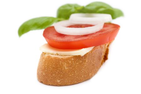 Bruschetta appetizers with tomatoes and onions on whiteの写真素材