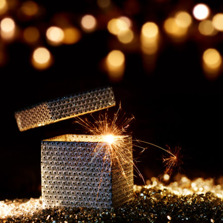 Magical gift parcel in front of a dark background with golden lights and bokeh