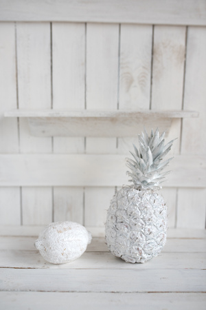 Decoration with fruits on white wood for a summer conceptの写真素材