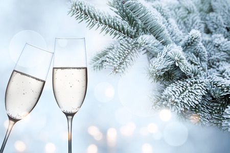 Wintry congratulations with champagne and rime covered fir branchesの写真素材