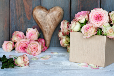 Greetings with heart and tender roses in vintage style for mothers dayの写真素材