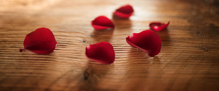 Red rose petals on rustic wooden table for valentines dayの写真素材