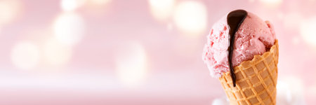 Strawberry ice cream with chocolate sauce in a waffle on a pink panorama background with bokeh...
