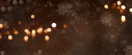 Dark christmas background with festive golden bokeh and tender snowflakesの写真素材
