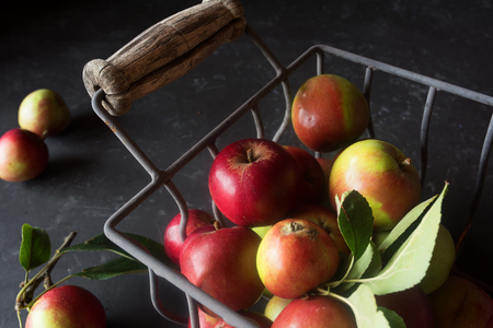 Fresh colorful autumn apples in a basket on a black stone plateの写真素材