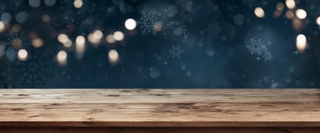 Rustic wooden table in front of dark blue winter background with snowflakes and festive golden bokeh...