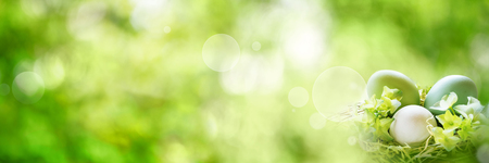 Abstrakt green spring scenery with easter eggs and bright bokeh for a backgroundの写真素材