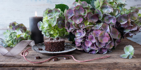 Atmospheric food photography with chocolate cake in vintage style