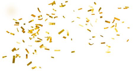 Descending golden shiny confetti isolated on a white background. Sparkling festive tinselの写真素材