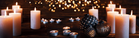 Christmas candles decoration with festive golden bokeh on dark wooden background panorama and short...