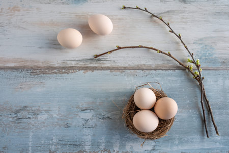 Easter eggs on gray vintage wood. Natural colored eggs with easter nest and branches. Flat lay...
