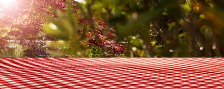 Garden terrace in summer. Outdoor lifestyle with food and drink. Horizontal background for decoration and space for text. Short depth of field.の写真素材