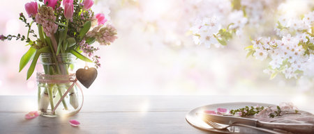 Table decoration for a mothers day dinner on gray wood. Spring flowers with heart shape and cherry...
