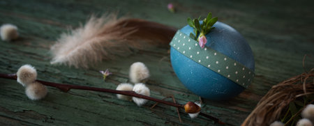 Blue easter egg on old weathered wood. Easter decoration in country style with short depth of field. Background for easter greetings with space for text. Top view photography.の写真素材