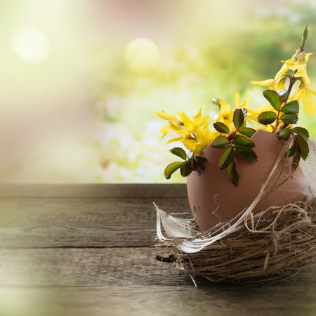 Sunny spring background with yellow forsythia flowers on rustic wooden table. Square motherday background with space for text.の写真素材