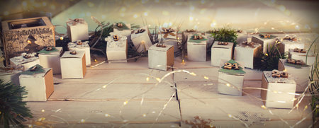 Homemade christmas advent calendar in vintage style. Horizontal close-up with lying cubes and short...