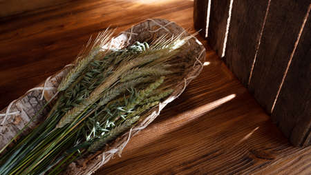 Decoration with different cereals on rustic wood with light reflections. top viewの写真素材