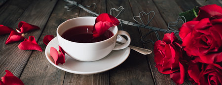 Cup of fresh hot tea to mothers day with red roses and hearts on vintage wood. Romantic background for mothers.の写真素材
