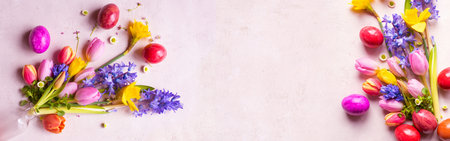 Colorful signs of spring for happy easter greetings on pink border. Horizontal background for...