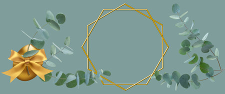 Golden easter greetings with eucalyptus branches on green border background. Top view flat lay. Modern design for easter cards and banners. Space for text.の写真素材