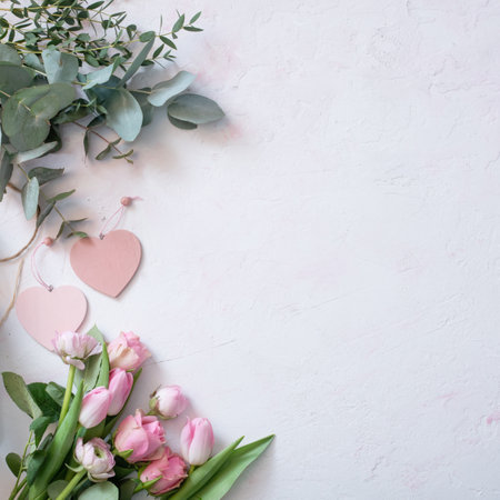Wedding arrangement of pink spring flowers with heart shape on white background. Top view, flat lay. Flower frame in boho style for a seasonal wedding concept or mother's day greetings with space for text.の写真素材