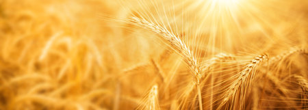Close-up of golden wheat ears in sunny backlight. Horizontal agricultural background with short depth of field.の写真素材