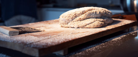 Wooden work surface with flour and fresh bread dough for processing. Close up.