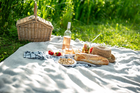 Summer picnic on blanket with fresh delicious food and a bottle of rosÃ© wine in the green. Background for leisure outdoors.の写真素材