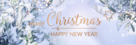 Merry Christmas and Happy New Year. Glittering winter landscape with bright bokeh lights. Greeting card with golden letters and english text.の写真素材