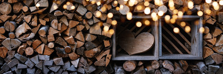 Stack of firewood along an outside wall of a house with wooden heart shape and golden bokeh. Horizontal rustic background for wintertime.の写真素材