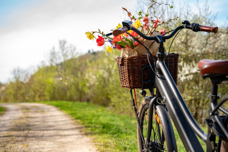 Bicycle tour in spring with flowers in the basket. Seasonal fun on a bike path in the sunlight. Background for a healthy lifestyle.の写真素材