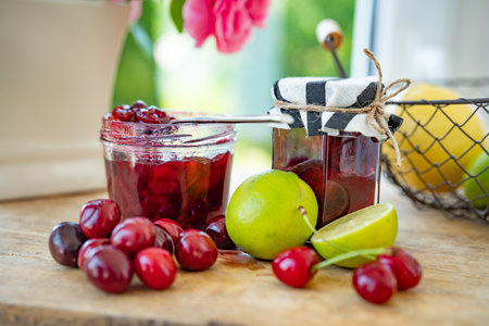 Fresh homemade cherry jam in a jar. Ingredients for preserving fruit on wooden table. Kitchen scene for homemade cooking.の写真素材