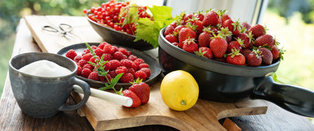 Fresh red fruits for making homemade jams. Strawberries, raspberries, currants, sugar, and lemon for...