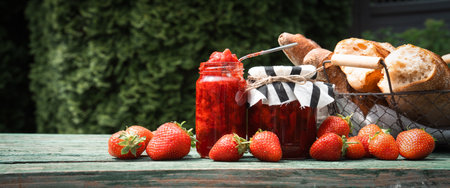 Homemade strawberry jam in a jar with fresh baguette on an old wooden table outdoors. Spread made from fresh seasonal fruit. Horizontal close-up.の写真素材