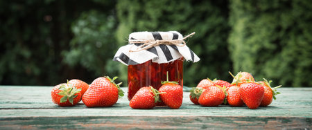 Fresh homemade strawberry jam in a jar with red berries on an old wooden table outdoors. Preserving fresh seasonal fruit. Horizontal close-up.の写真素材