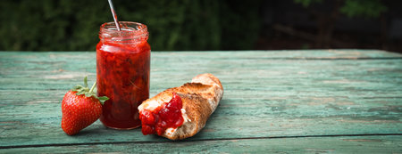 Homemade strawberry jam in a jar with fresh baguette on an old wooden table outdoors. Spread made from fresh seasonal fruit. Horizontal close-up.の写真素材