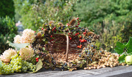 Autumn decorations for thanksgiving with various berries, grapes, hazelnuts, apples, and hydrangeas...