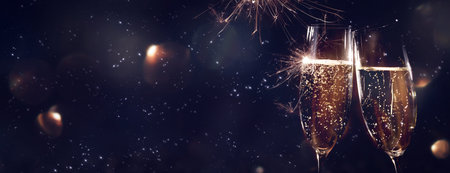 Festive lights and champagne in glasses for toasting. Night sky with glowing sparklers and golden...