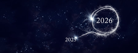 Symbolic transition to the new year 2026 on starry night sky. Background for new year's eve and new...