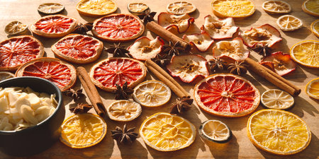 Various dried fruits and spices for winter and the Christmas season. Sliced ââââdried citrus fruits, apple rings with cinnamon sticks and star anise on wood. Preparations for Christmas celebrations.の写真素材