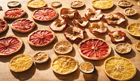 Various dried citrus fruits for winter and the Christmas season. Sliced ââââdried fruits with apple rings on wood. Preparations for Christmas celebrations.の写真素材