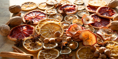 Dried citrus fruits and apple rings with nuts on rustic wood for the Christmas. Preparations for Christmas hot drinks.の写真素材