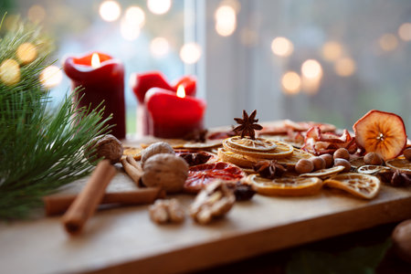 Dried citrus fruits and apple rings with nuts on rustic wood. Background for Christmas preparations and decorations.の写真素材