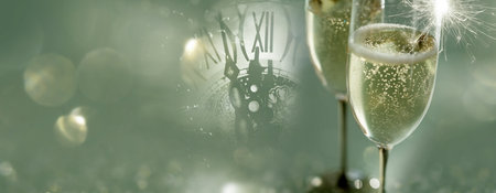 Two filled champagne glasses in elegant modern style with soft green New Year's Eve background and a clock. Space for text.の写真素材
