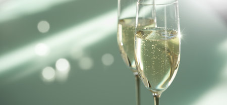 Two filled champagne glasses on a modern glass table. Elegant modern style with soft bright green background and light bokeh. Horizontal close-up.の写真素材