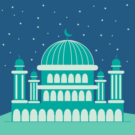 Ramadan Kareem card with mosque and moon. Vector illustration.のイラスト素材