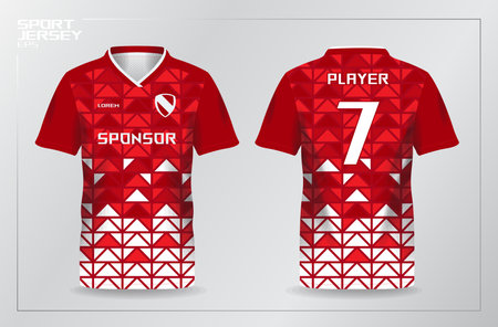 red jersey shirt template for sport uniform. Soccer jersey template, Soccer t-shirt layout design, Football jersey concept, Red and white colorsのイラスト素材