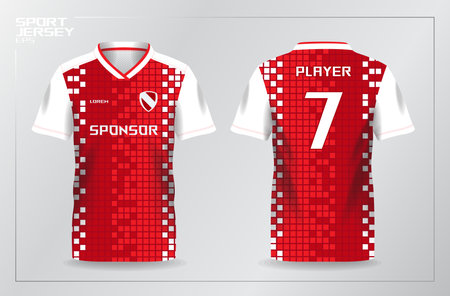 red jersey shirt template for sport uniform. Soccer jersey template design, Football t-shirt style, Abstract mosaic pattern for soccer jersey.のイラスト素材
