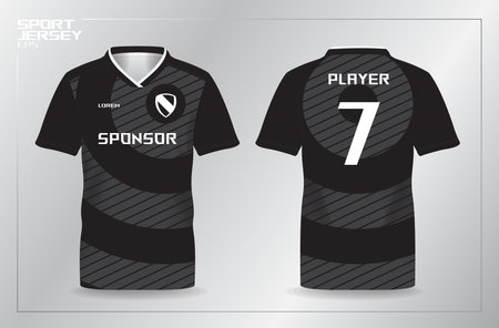 Soccer jersey template and Soccer t-shirt design, Football jersey concept with front and back view. black jersey mock up for football or soccer shirt and sport uniform templateのイラスト素材